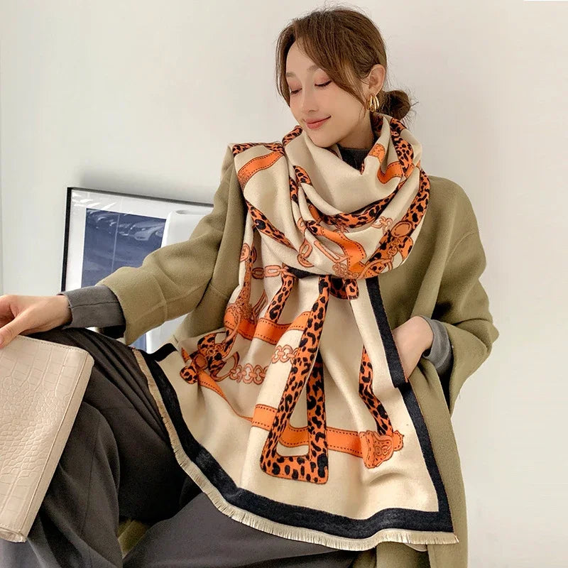 Luxury Winter Cashmere Scarf Women 2024 Design Warm Pashmina Blanket Horse Scarves Female Shawl Wraps Thick Foulard Bufanda