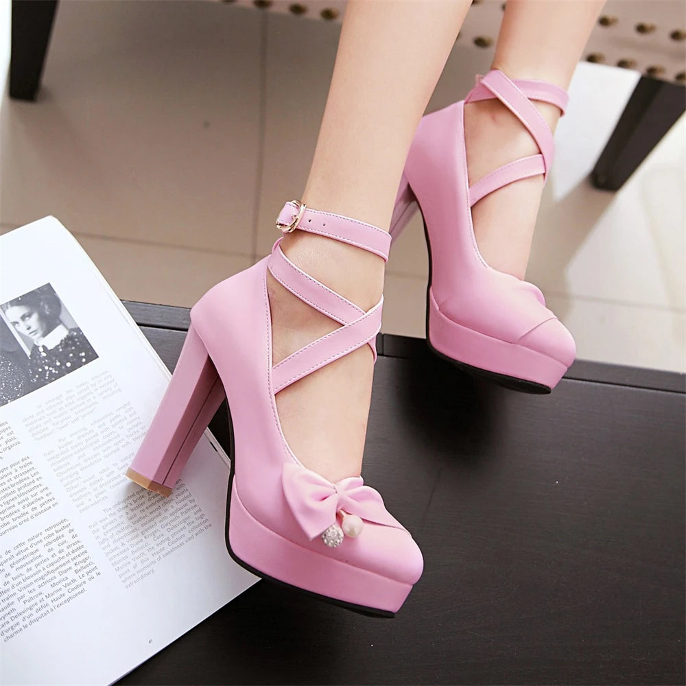 High Heels Women 2024 Trend Chunky Heels Platform Lolita Mary Jane Elegant Party Korean Shoes Dress White The Glossy Fashion