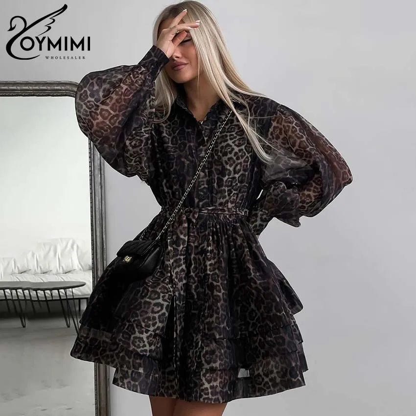 Oymimi Fashion Brown Leopard Print Women's Dress Elegant Long Sleeve Buton Lace-Up Dresses Casual Cascading Ruffle Mini Dresses