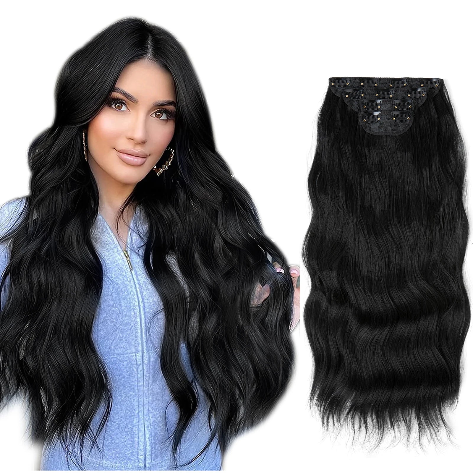 22" 4pcs/set Synthetic Clip In Hair Extensions Elegant Long Wavy Thick Hairpiece Daily Use Brown Blonde Natural Fake Hair