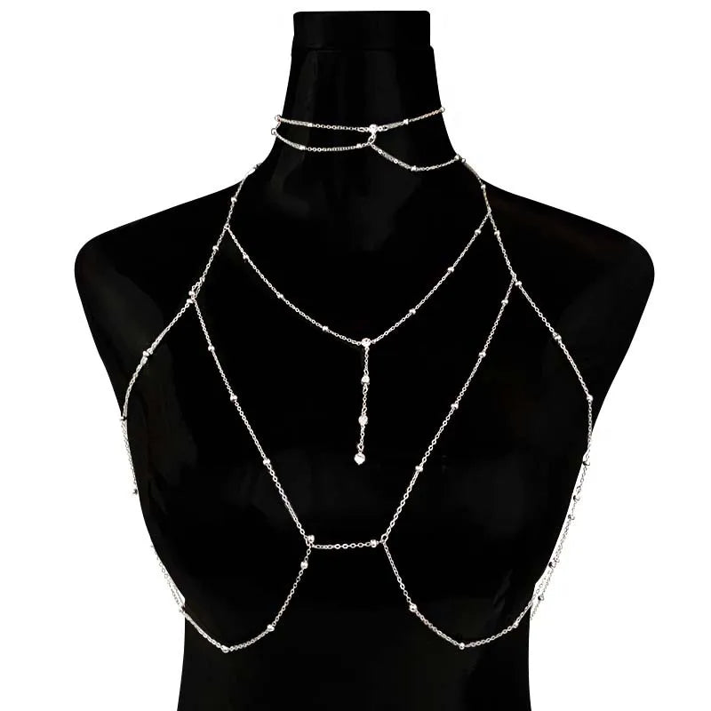 KIMLUD, Shiny Rhinestones Tassel Sexy Chest Chain for Women Girls Fashion Metal Bra Cross Bikini Within Hollow Body Chain Jewelry, KIMLUD Womens Clothes