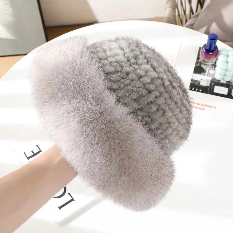 New Genuine Real Natural Mink Fur Hat Cap Luxury Women Handmade Knitted Fashion Winter Headwear Warm Real Fox Fur Beanies