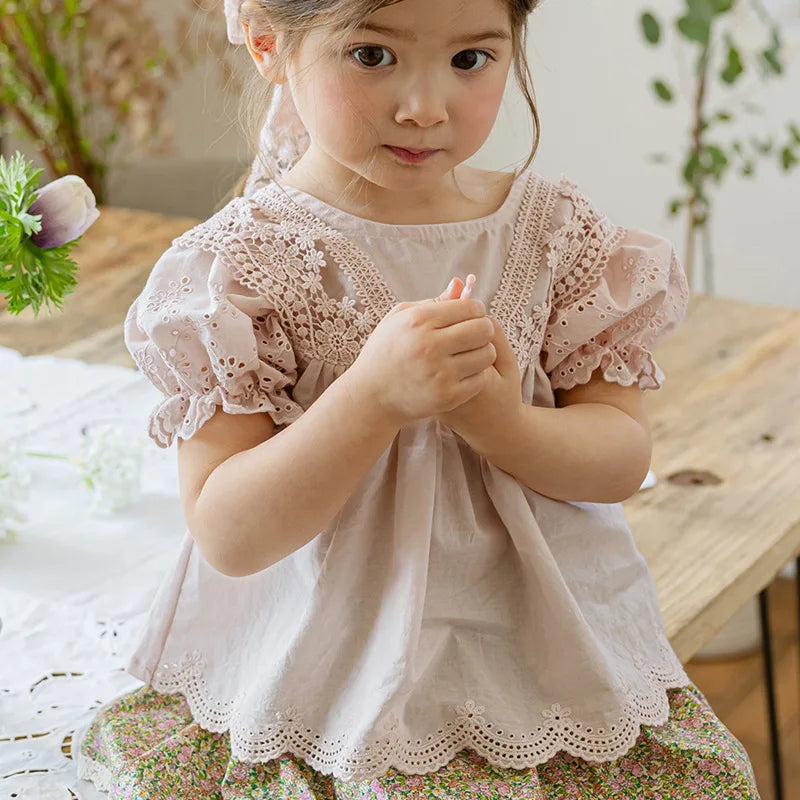 Blouses Summer Korea Girls Children Clothing Sweet Lovely Cotton Puff Sleeve Short Sleeved Shirt 2024 Simple Fashion