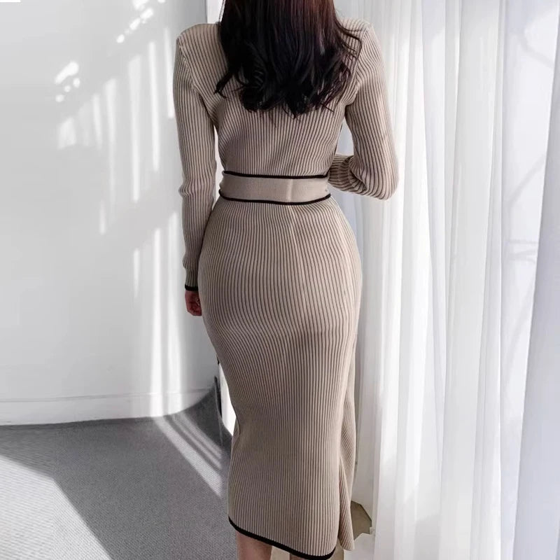 YuooMuoo Elegant Lace Up Turtleneck Knitted Long Dress Korean Fashion Khaki Black Rib Bandage Bodycon Sweater Dress Robe Femme - KIMLUD