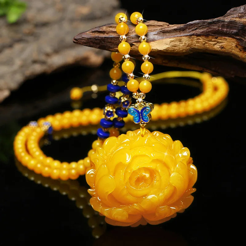 Drainage Gift Beeswax Pendant Women's Water Drop with Shape Sweater Chain Blue Carving Amber Necklace Pendant