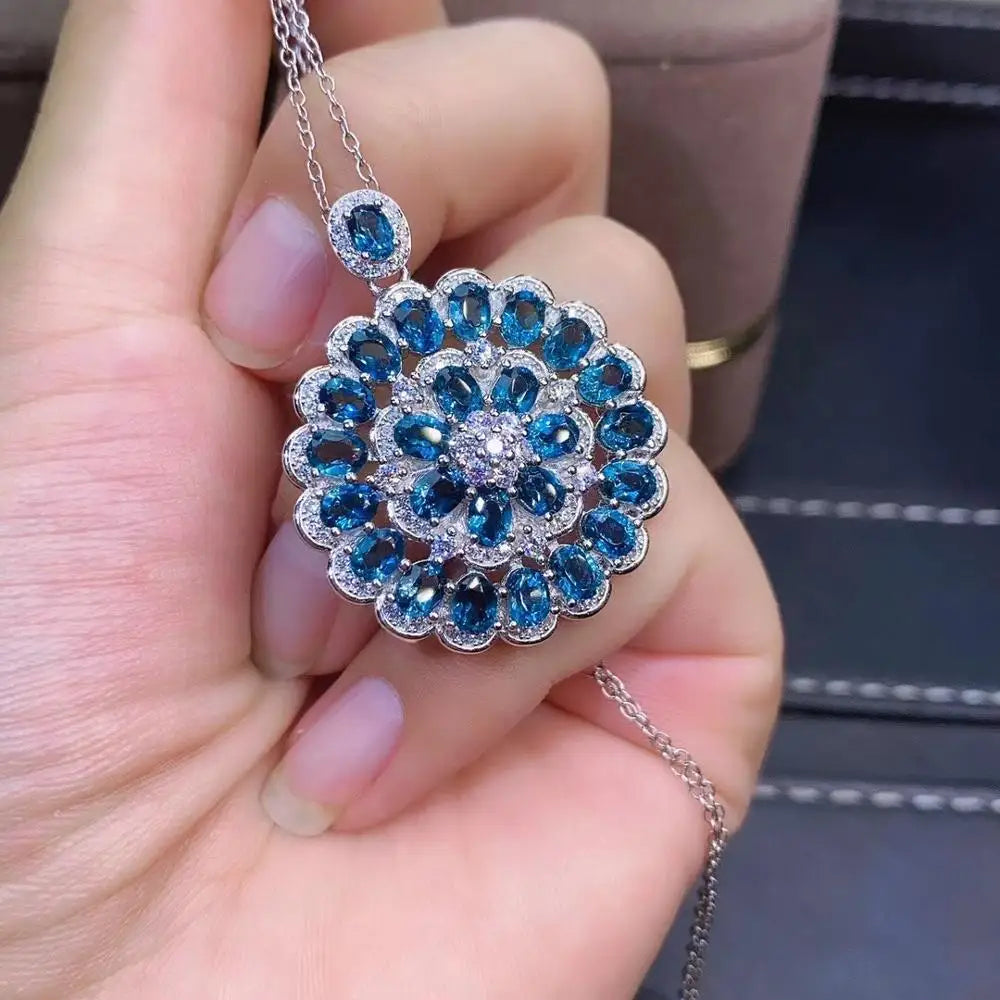 Natural London Blue Pendant With Chain Genuine S925 Sterling Silver Necklace Woman Fashion Jewelry Topaz Jewelry Bridal Pendant