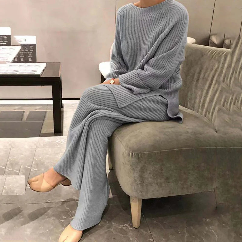 Autumn/winter Fashion Casual O-Neck Pullover Tops Knitted Pant New Homewear Pajama Winter Solid Women Two Piece Set Homewear - KIMLUD