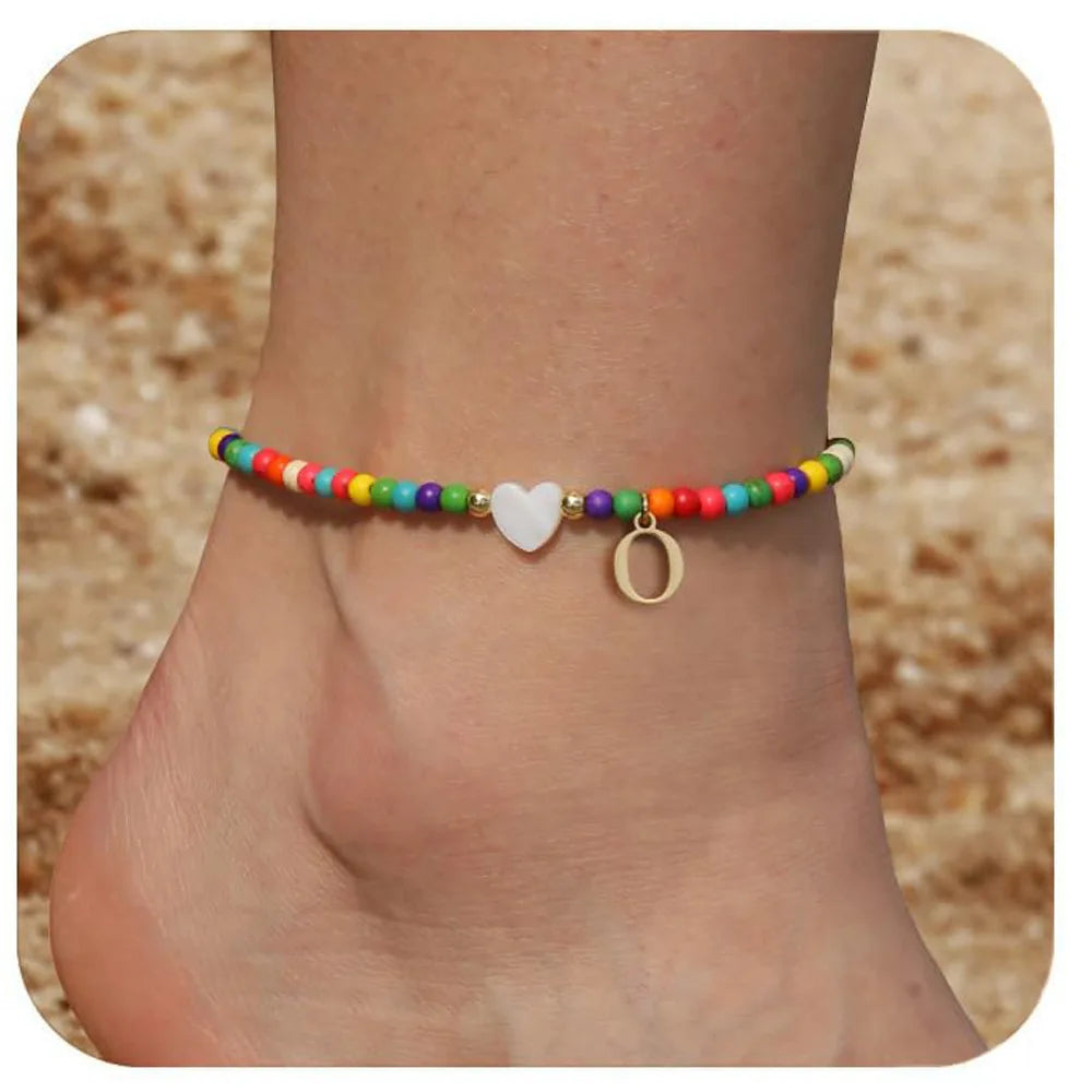 KIMLUD, Rainbow Round Beads Anklet Stainless Steel Love Heart 26 Letters A-Z Pendant Anklets For Women Boho Gold Color Ankle Bracelet, O, KIMLUD APPAREL - Womens Clothes