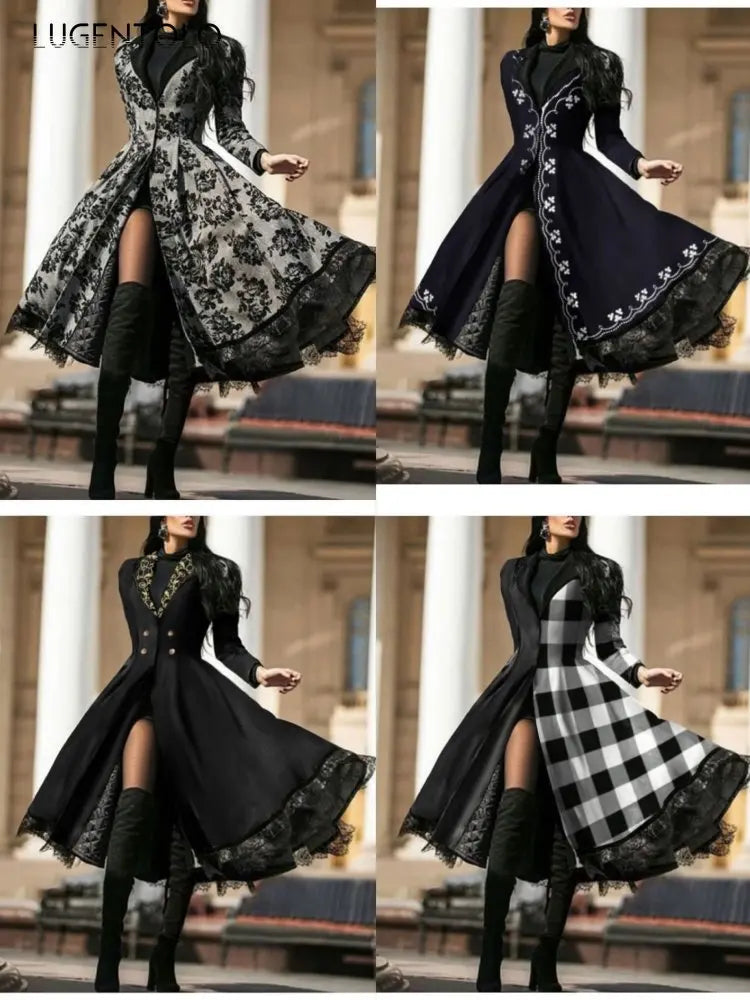 Women Vintage Party Trench Long Sleeve Autumn Splicing Lace Button Coat Female Casual Big Swing Fashion Long Jackets