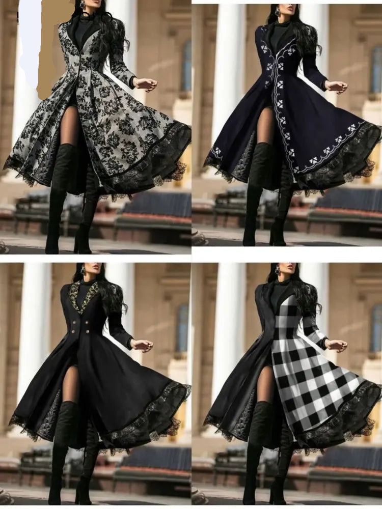 Women Vintage Party Trench Long Sleeve Autumn Splicing Lace Button Coat Female Casual Big Swing Fashion Long Jackets