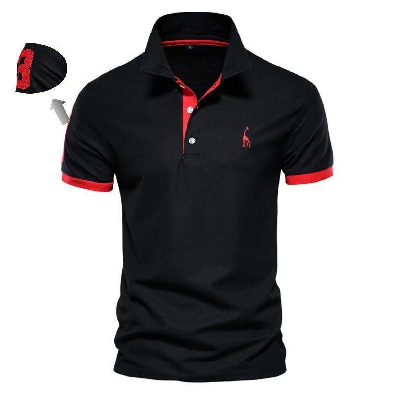 KIMLUD, Casual Slim Fit Mens Polos New Summer Fashion Brand Cotton Embroidered 35% Solid Color Shirts for Men, T02-black red / EUR XXL 100-105kg, KIMLUD Womens Clothes