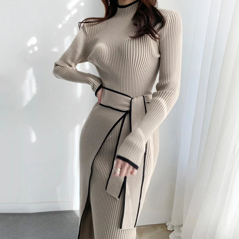 YuooMuoo Elegant Lace Up Turtleneck Knitted Long Dress Korean Fashion Khaki Black Rib Bandage Bodycon Sweater Dress Robe Femme - KIMLUD