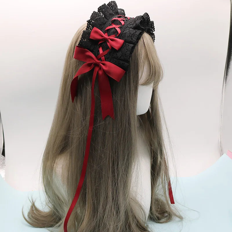 2022 Gothic Bowknot Sweet Hair Hoop Anime Maid Cosplay Headband Lolita Lace Flower Headwear Accessory Dropshipping