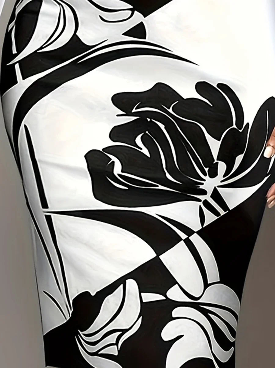 Plus Size 1XL-5XL Women's Elegant Dress Ladies Fashion Floral Print Round Neck Split Sleeve Bodycon Midi Dress