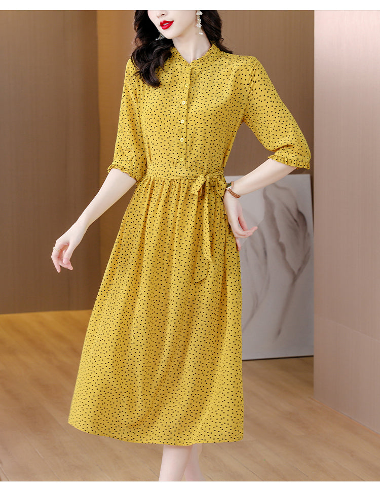 Spring Fashion Elegant Silk Printed Dress For Women 2023 New Versatile 5/4 Sleeve Loose Fit Casual Holiday Knee Length Dress Ves