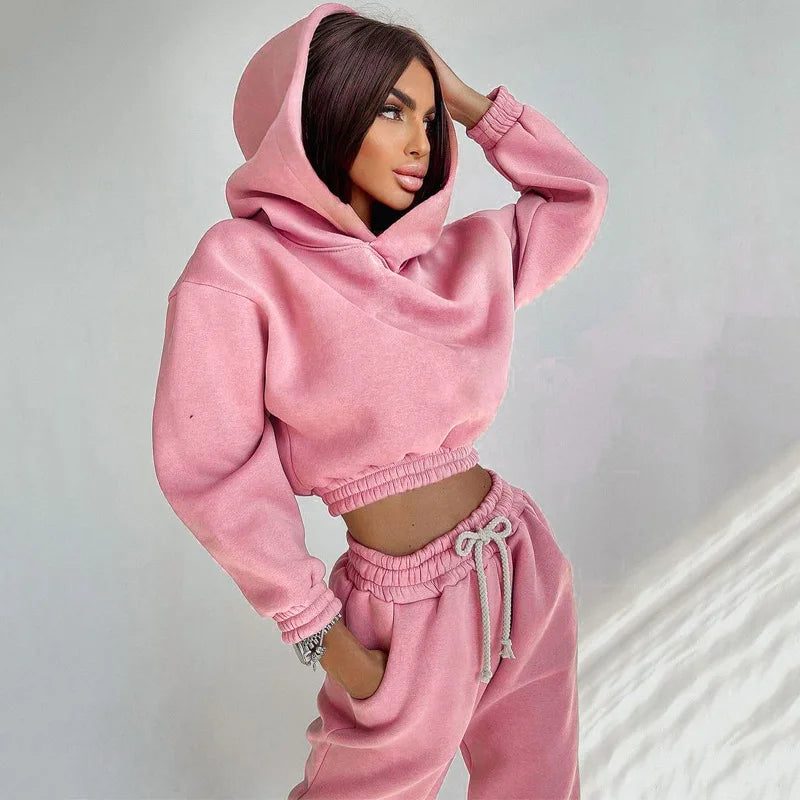 Fashion Women's Clothes Solid Color Casual Hooded Short Hoodie Girdling Drawstring Sweatpants Suit 2 Piece Sets Women Outfit