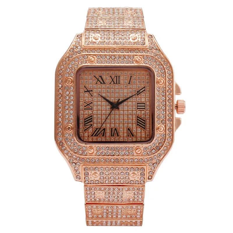 KIMLUD, MAYZHISU Watch For Men Luxury Gold Square Men's Wristwatch Alloy Strap Full Diamond Business Quartz Watch for man Clock Gifts, Rose-gold, KIMLUD APPAREL - Womens Clothes