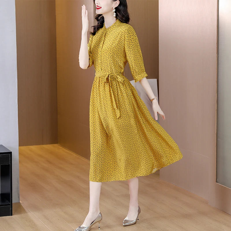 Spring Fashion Elegant Silk Printed Dress For Women 2023 New Versatile 5/4 Sleeve Loose Fit Casual Holiday Knee Length Dress Ves