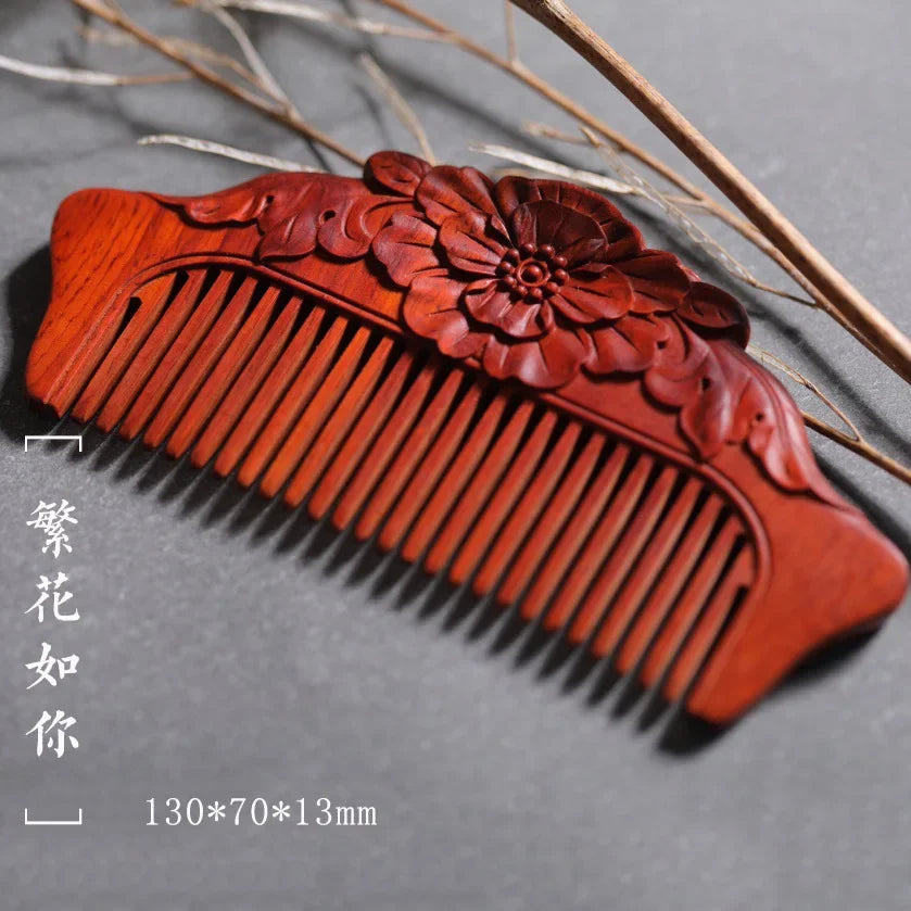 Natural Rhinoceros Horn Small Leaf Red Sandalwood Carved Wood Comb Retro Style Massage Comb Gifts with comb