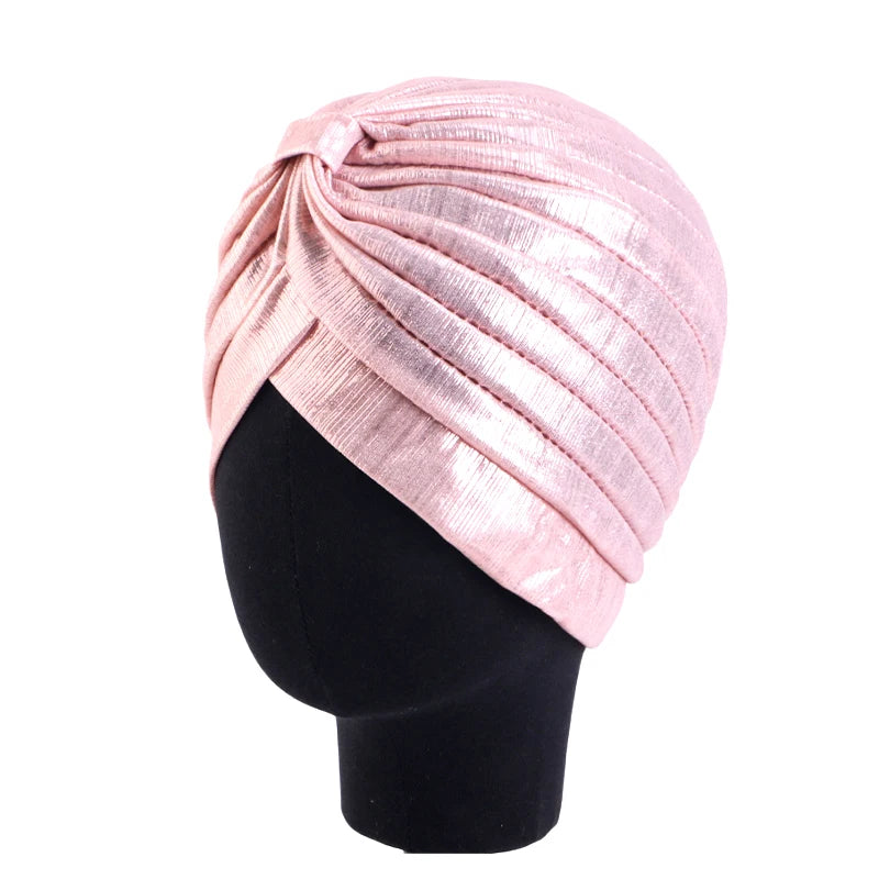 New Women's Metallic Pleated Knot Turban Hat Retro Ethnic Hat Elastic Head Wrap Shiny Beanies Head Scarf Bonnet Chemo Cap