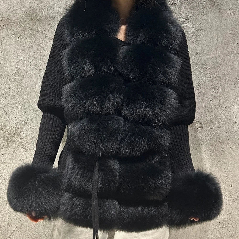 Fox Fur Cardigan Women Sweater Winter Slim Fox Fur Outerwear Elegant Fashion Fur Sweaters