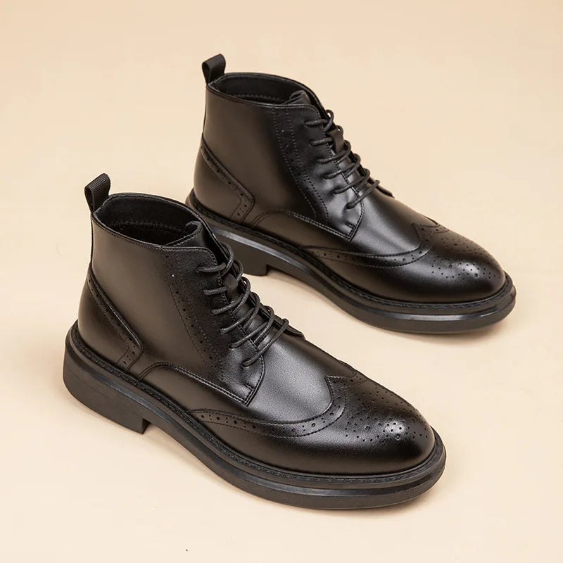 men casual business wedding genuine leather boots black brown carved brogue shoes cowboy autumn winter boot platform ankle botas