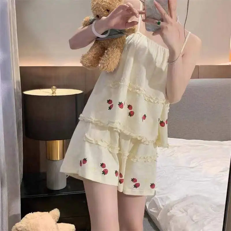 Pajama Sets Women Summer Thin Sweet Cute Strawberry-print Fungus Edge Sleeveless Kawaii Student All-match Leisure Elegant Tender - KIMLUD