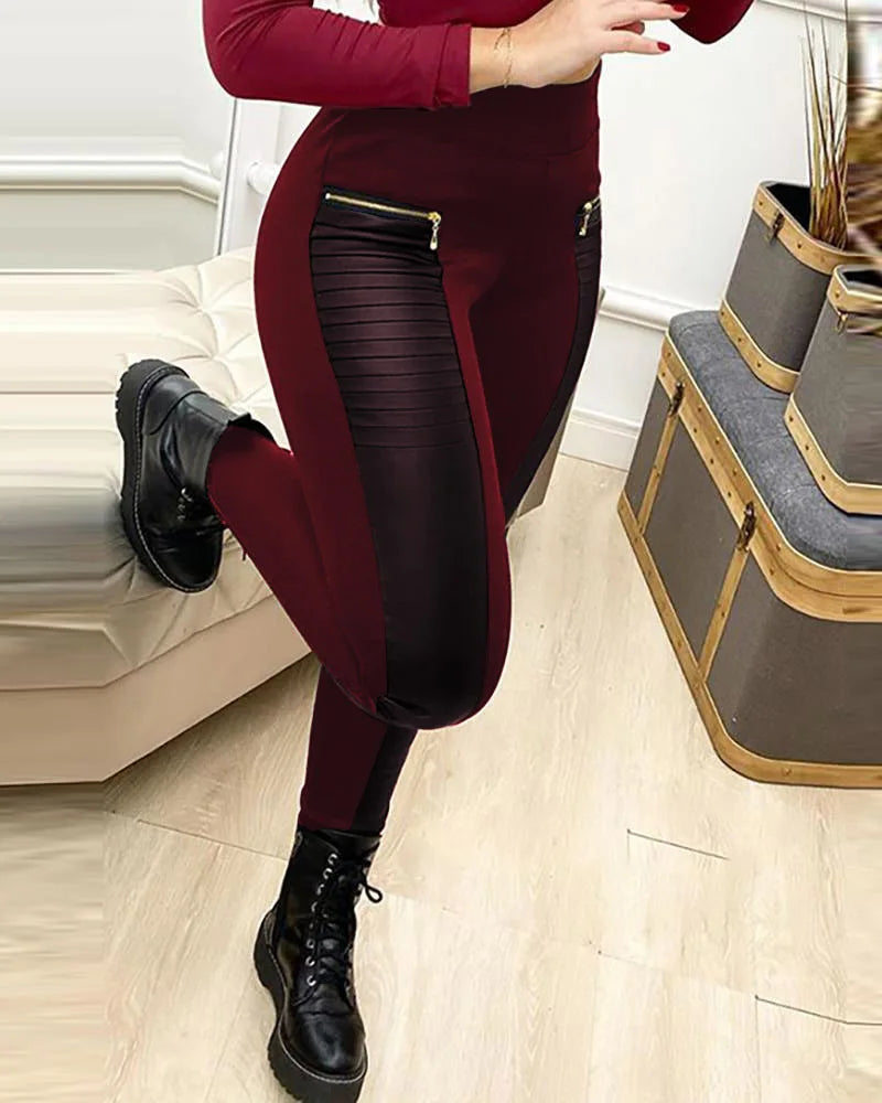 Skinny Pants Women Streetwear Contrast Zipper Detail New Fashion Elegant Leather Casual Bottom Trousers for Female Spring 2024 - KIMLUD