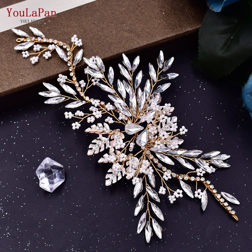 KIMLUD, TOPQUEEN HP254 Bridal Side Clip Wedding Tiara Bridal Hairpins Handmade Rhinestone Women Headwear Alloy Flower Bride Headdress, HP277-G, KIMLUD APPAREL - Womens Clothes