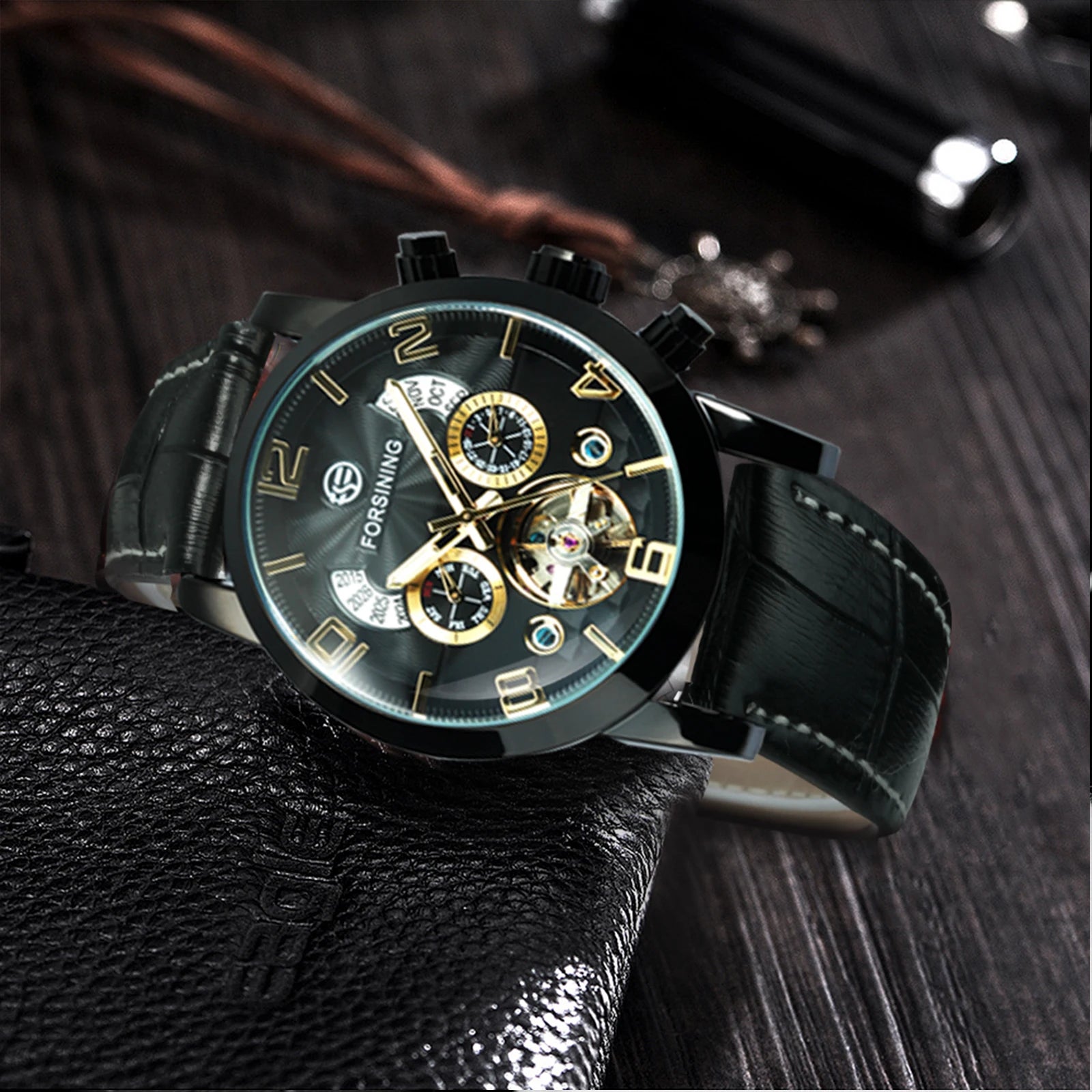 Forsining Classic Tourbillon Men Mechanical Wristwatches Top Brand Luxury Multifunction Automatic Watch Leather Strap Male Clock