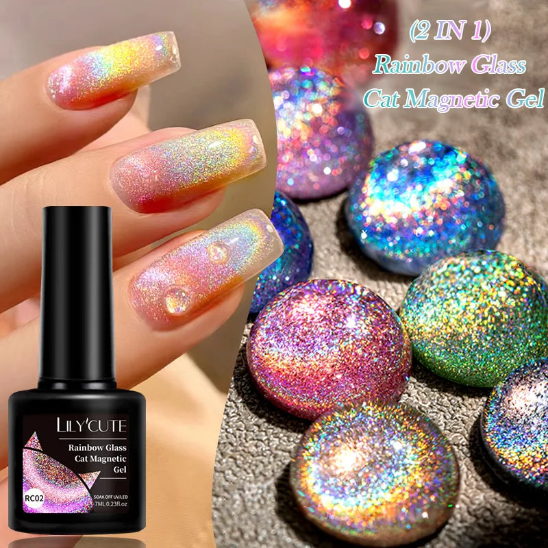 LILYCUTE 7ML Sparkling Glitter Rainbow Cat Magnetic Gel Nail Polish 9D Colorful  Semi Permanent Soak Off Nail Art UV Gel Varnish