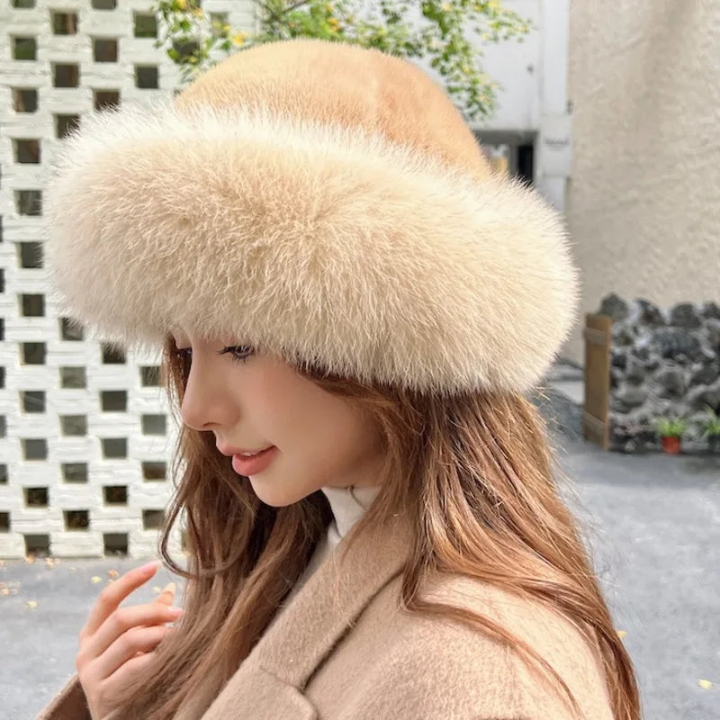 Real Mink Fur Hat For Women Winter Natural Mink Fur Hat With Fox Fur Brim Female Fashion Fisherman Hat Thicked Fur Bomber Hats