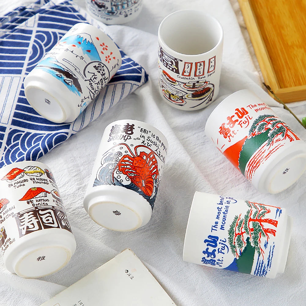 Japanese Impression Ceramic Mugs 300ml Tea Wine Sushi Sake Cup Funny Family Restaurant Decoration Travel Gift for Friends