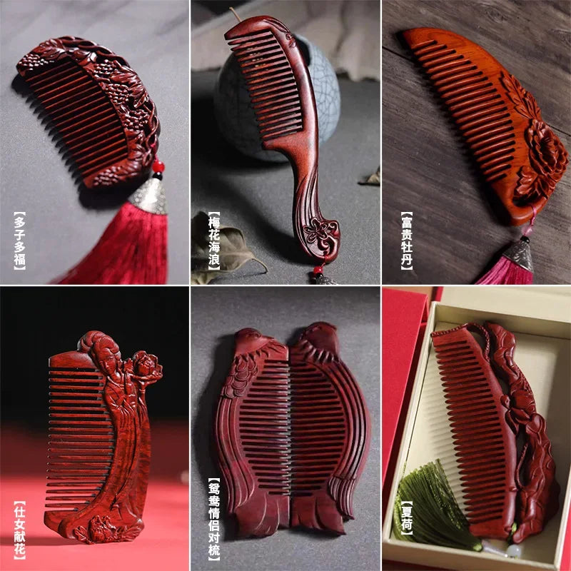 Natural Rhinoceros Horn Small Leaf Red Sandalwood Carved Wood Comb Retro Style Massage Comb Gifts with comb