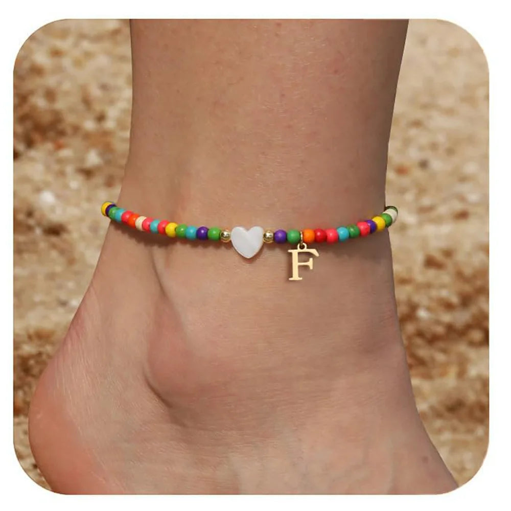 KIMLUD, Rainbow Round Beads Anklet Stainless Steel Love Heart 26 Letters A-Z Pendant Anklets For Women Boho Gold Color Ankle Bracelet, F, KIMLUD APPAREL - Womens Clothes