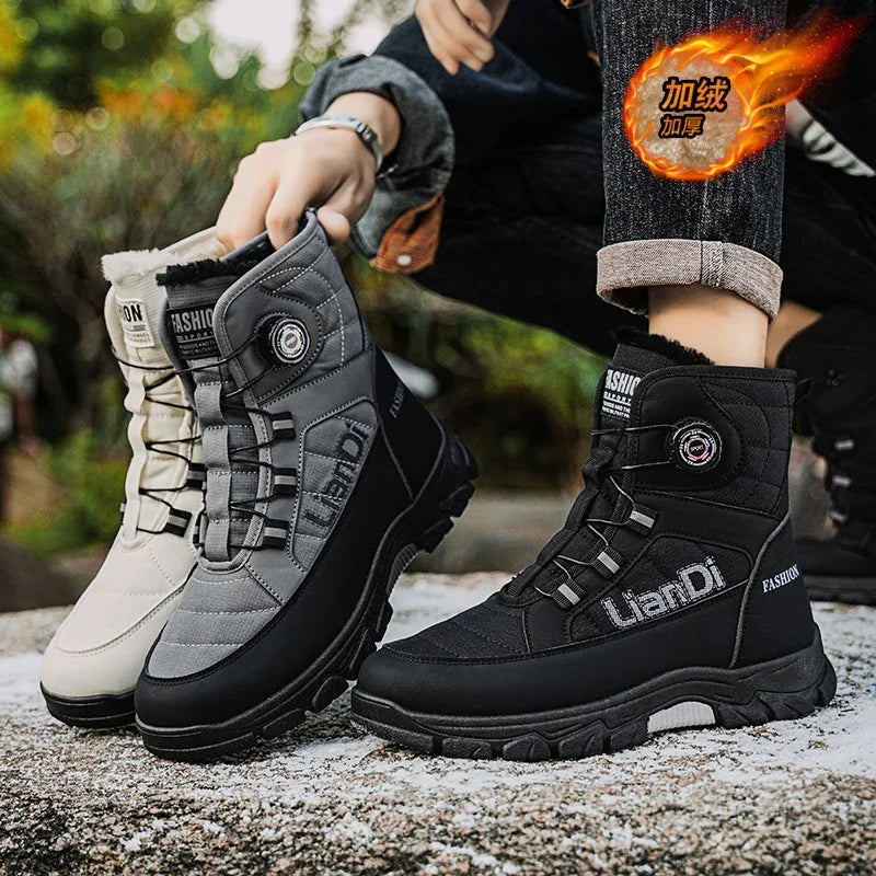 Large Size High-top Mens Cotton Shoes outdoor Snow Boots Warm Plush Lining Breathable Waterproof Fabric Non-slip Soles Safe Shoe