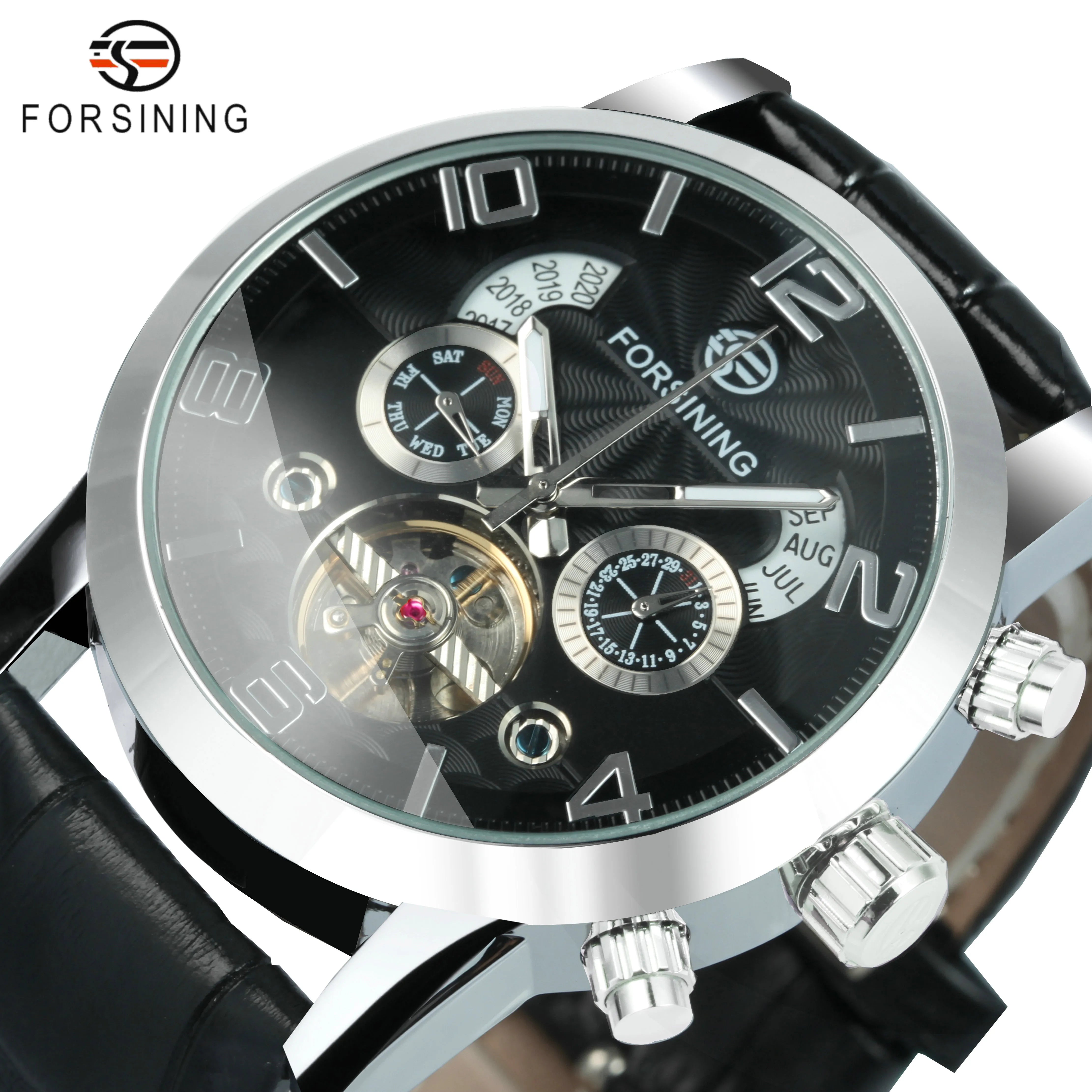 Forsining Classic Tourbillon Men Mechanical Wristwatches Top Brand Luxury Multifunction Automatic Watch Leather Strap Male Clock