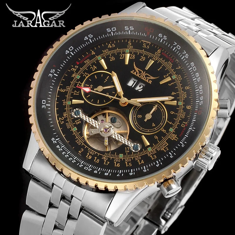 JARAGAR Original Big Dial Tourbillon Chronograph Automatic Man Watches Stainless Steel Vintage Mechanical Waterproof Male Wrist