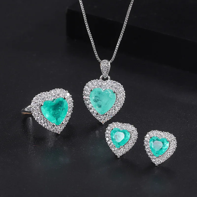 Luxury 925 Sterling Silver Paraiba Heart Necklace Earrings Ring for Women Girl Wedding Dinner Party Jewelry Set Anniversary Gift - KIMLUD