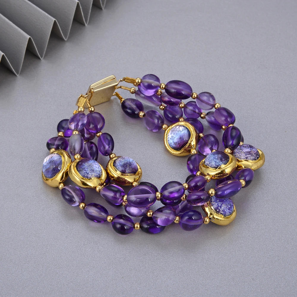 GuaiGuai Jewelry 4Rows Natural Purple Amethysts Rough With Electroplated Edge Purple Murano Glass Bracelet 8" For Women - KIMLUD