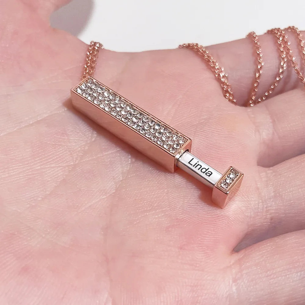 Personalized Vertical Bar Engraved Name Necklace With Diamond 3D Bar Custom Jewelry Pull necklace Jewelry for Women Gift - KIMLUD