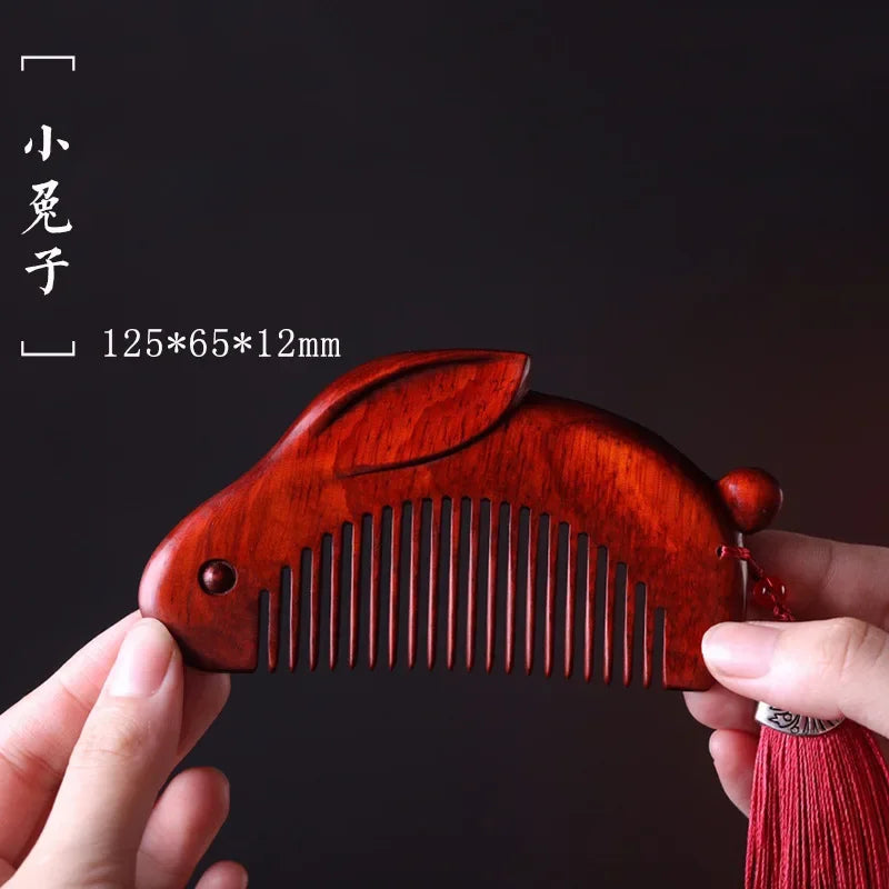 Natural Rhinoceros Horn Small Leaf Red Sandalwood Carved Wood Comb Retro Style Massage Comb Gifts with comb