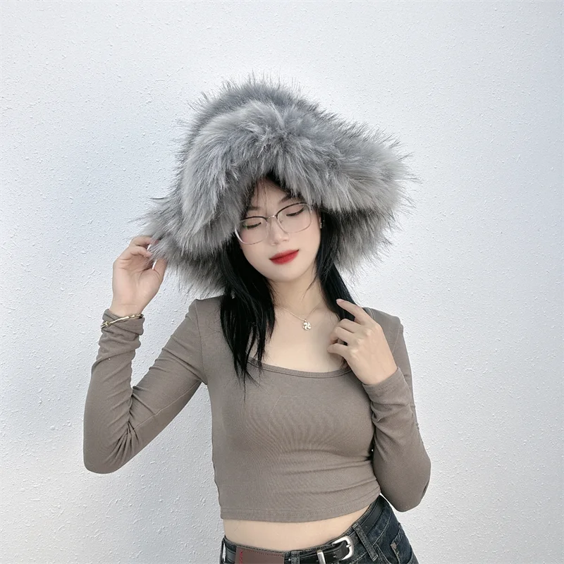 Winter Women Faux Fur Bucket Hat Warm Raccoon Fur Hat Oversize Outdoor Punk Hat Girl Fashion Long Fur Bucket Hat Furry Cute Cap