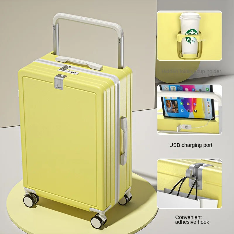 Multifunctional Draw-Bar Suitcase Zipper Wide Handle Trolley Luggage with Cup Holder USB Port Trip Boarding Case Spinner 20 inch