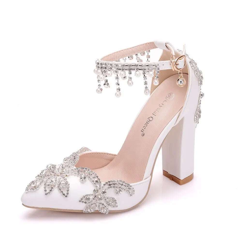 Maogu Woman Wedding High Heels Elegant Medium Heel Women's Shoes 2023 Pearl Rhinestone Ladies White Pumps Crystal Buckle Strap