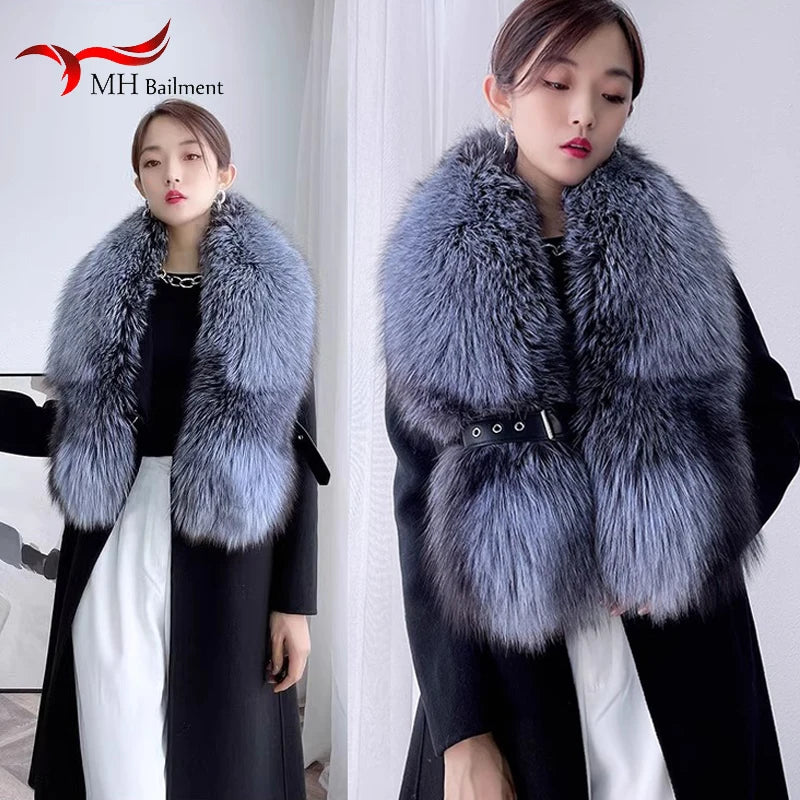 KIMLUD, Winter Fox Fur Scarf Long Fur Collar Silver Fox Real Fur Shawl Russian Scarfs For Ladies Neck Luxury Fashion Scarves Womens, KIMLUD Womens Clothes