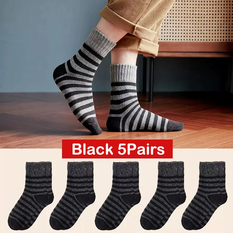 5pair Winter Thick Socks Men Super Thicker Solid Sock Striped Merino Wool Rabbit Socks Against Cold Snow Russia Winter Warm Sock - KIMLUD