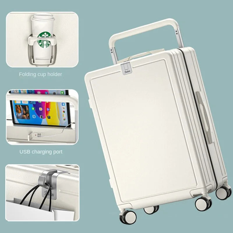 Multifunctional Draw-Bar Suitcase Zipper Wide Handle Trolley Luggage with Cup Holder USB Port Trip Boarding Case Spinner 20 inch