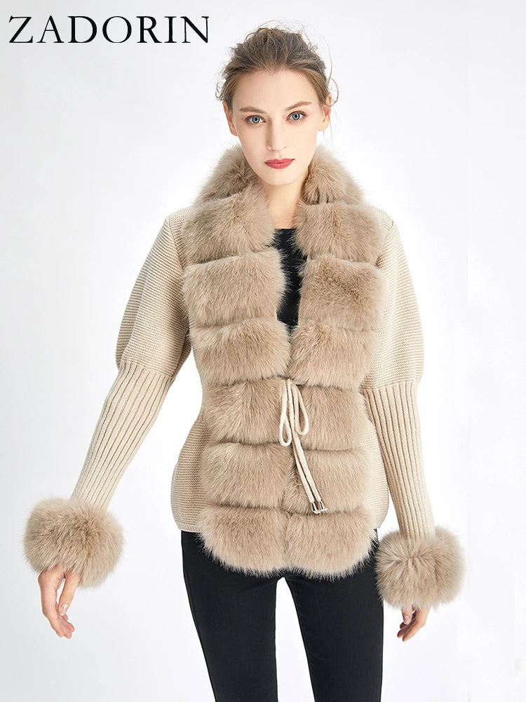 KIMLUD, ZADORIN Luxury Fur Cardigan Knit Winter Sweater Women Elegant Detachable Fur Belt White Pink Black Womens Cardigan Korea Style, KIMLUD Womens Clothes