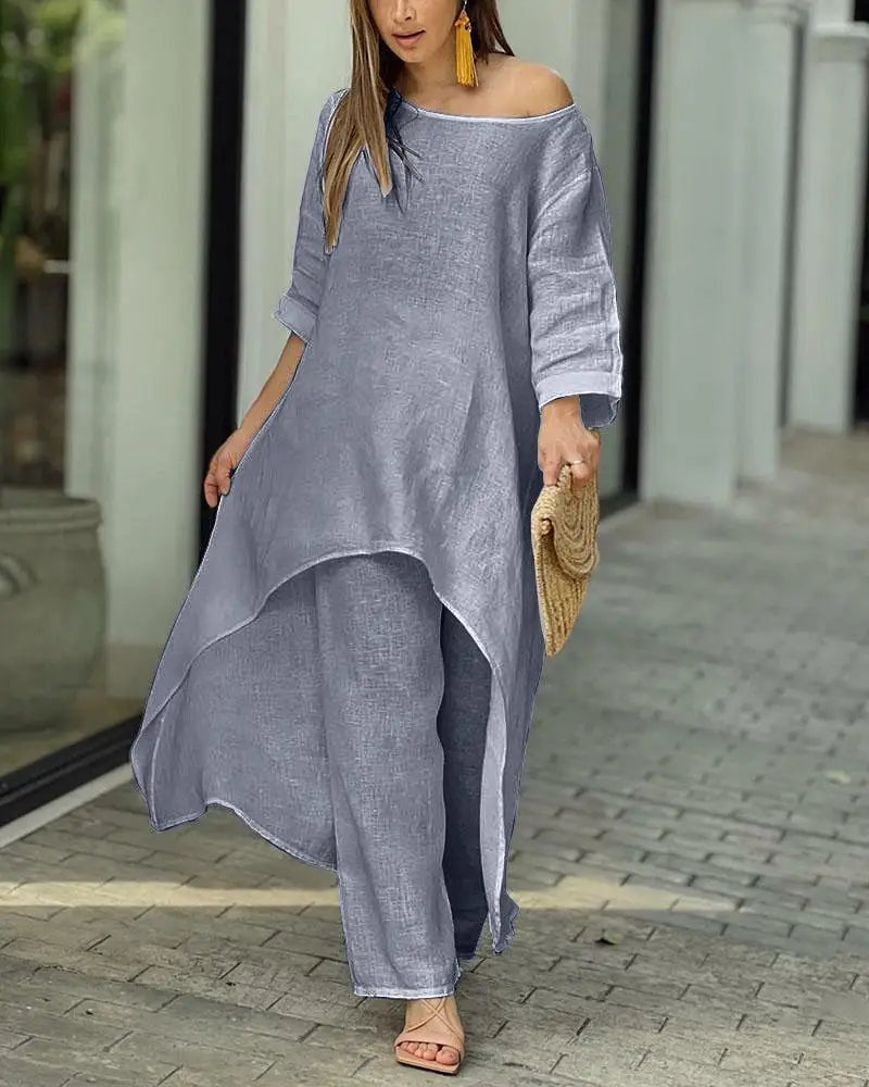 2 Piece Sets Women Solid Color Irregular Long Sleeved Tops Wide Leg Pants Two-piece Set Female Elegant Office Lady Outfit 2025